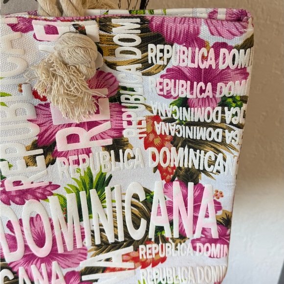 Large Republica Dominicana BeachTote Bag Tropical Floral Print with Rope Handles - Picture 4 of 7